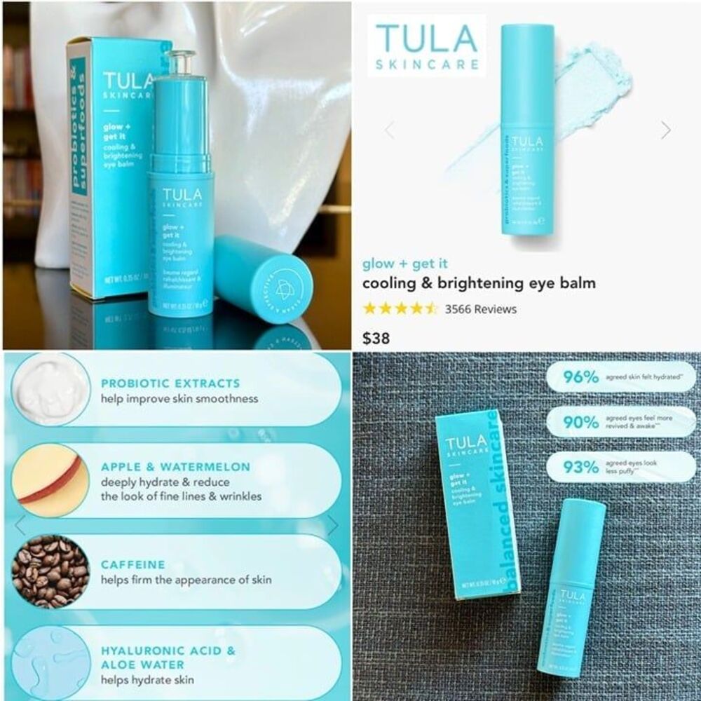 NIB! TULA Skincare Glow + Get It Cooling & Brightening Eye Balm Stick Undereyes
